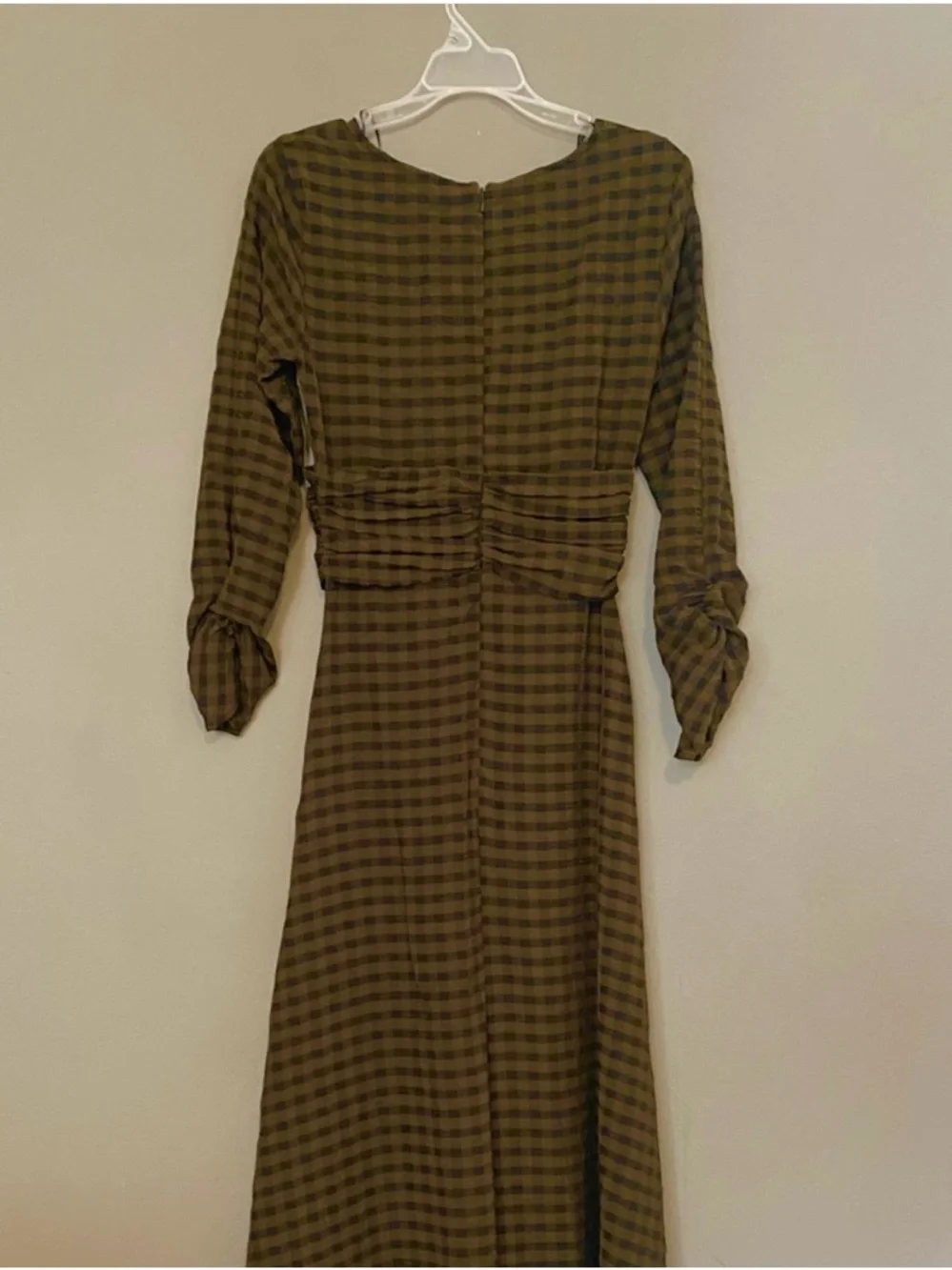 Zara Women's XS Midi Dress Olive Green Checked Drapped Front NWOT - Picture 4 of 4